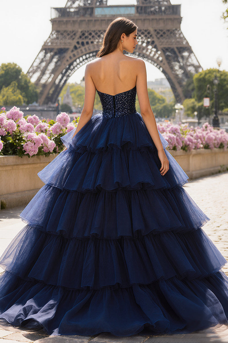 Load image into Gallery viewer, Sparkly Navy Sweetheart Tulle Beaded Long Prom Dress with Slit