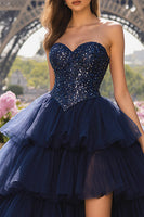 Load image into Gallery viewer, Sparkly Navy Sweetheart Tulle Beaded Long Prom Dress with Slit