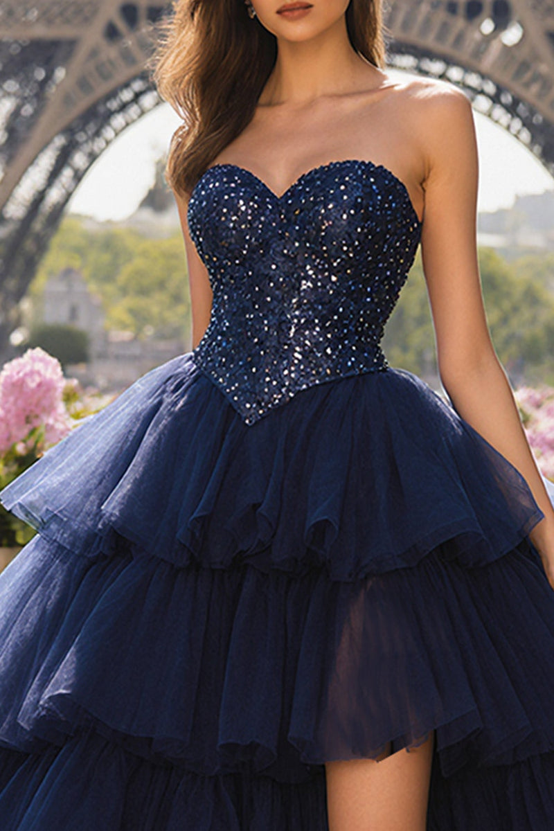 Load image into Gallery viewer, Sparkly Navy Sweetheart Tulle Beaded Long Prom Dress with Slit