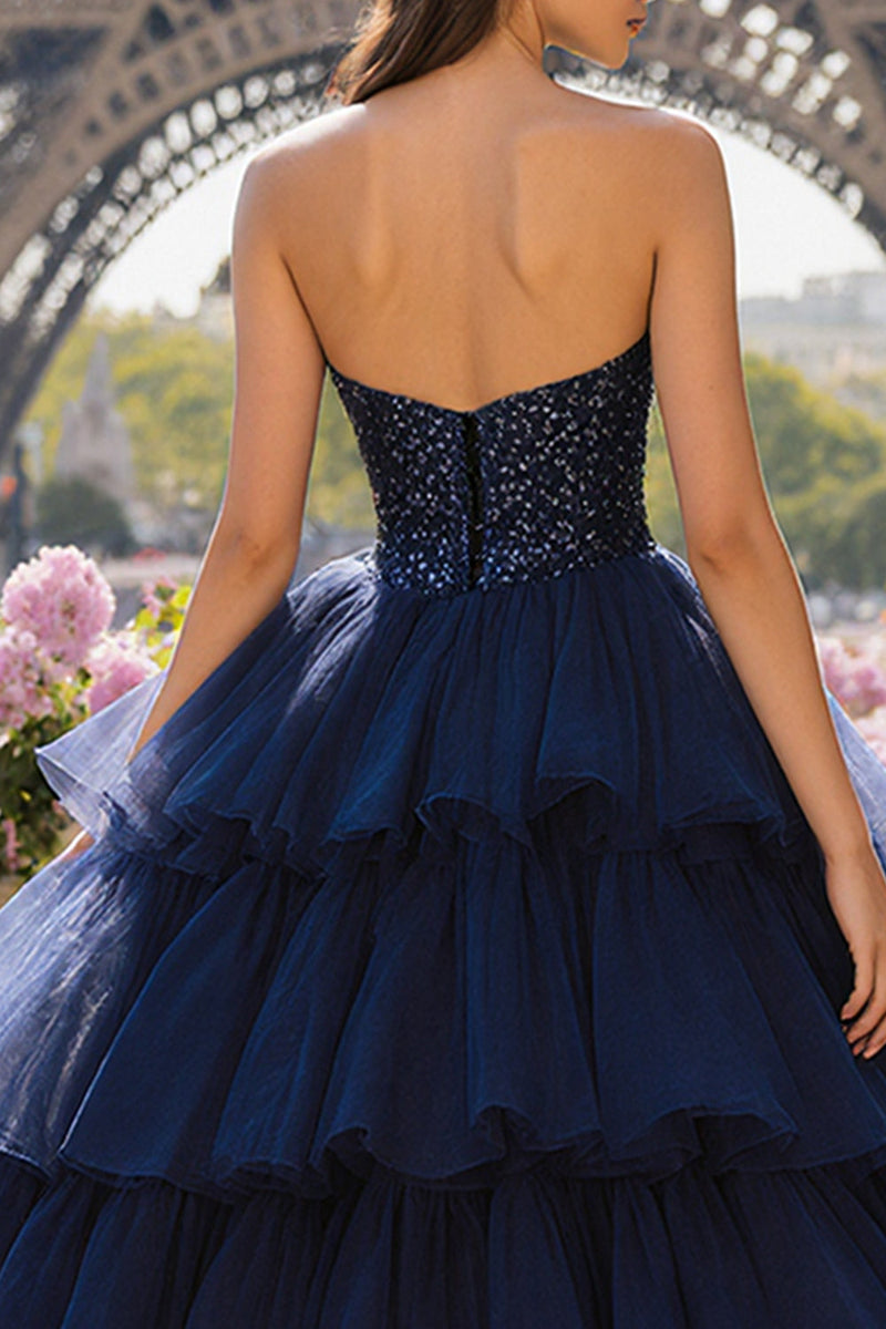 Load image into Gallery viewer, Sparkly Navy Sweetheart Tulle Beaded Long Prom Dress with Slit