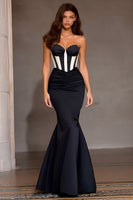 Load image into Gallery viewer, Black and White Strapless Mermaid Long Corset Prom Dress