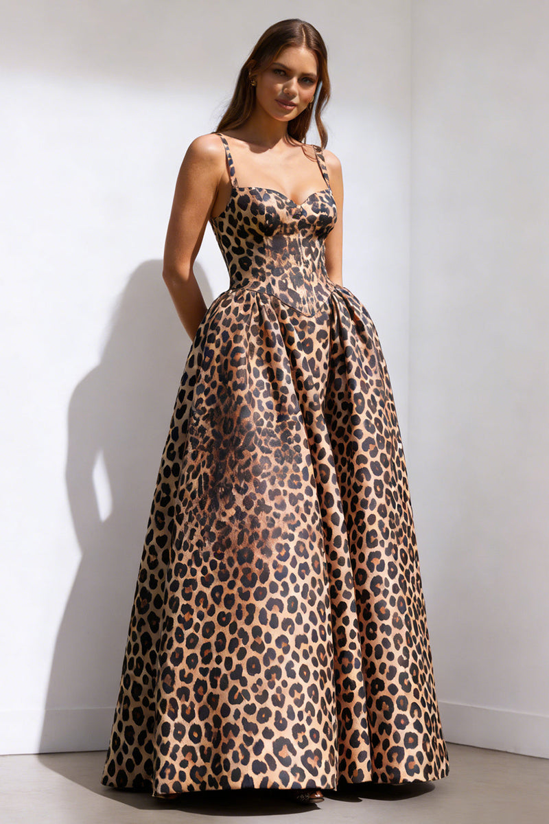 Load image into Gallery viewer, Brown Leopard Print Spaghetti Straps A Line Long Prom Dress