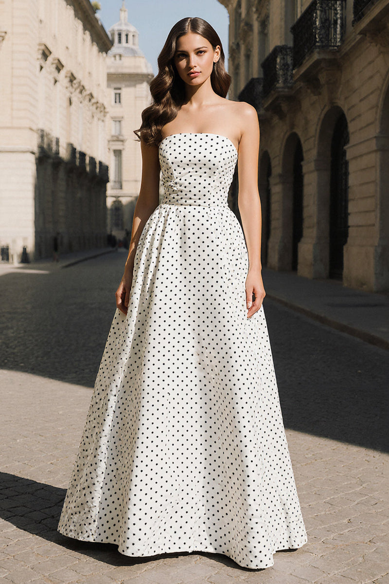 Load image into Gallery viewer, Black and White Dots Strapless A Line Long Prom Dress