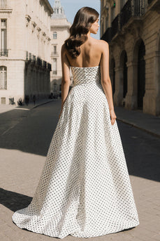 Black and White Dots Strapless A Line Long Prom Dress