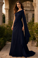 Load image into Gallery viewer, Navy Ruched One Shoulder Sheath Long Prom Dress with Side Cape