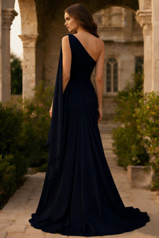 Navy Ruched One Shoulder Sheath Long Prom Dress with Side Cape