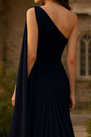 Load image into Gallery viewer, Navy Ruched One Shoulder Sheath Long Prom Dress with Side Cape