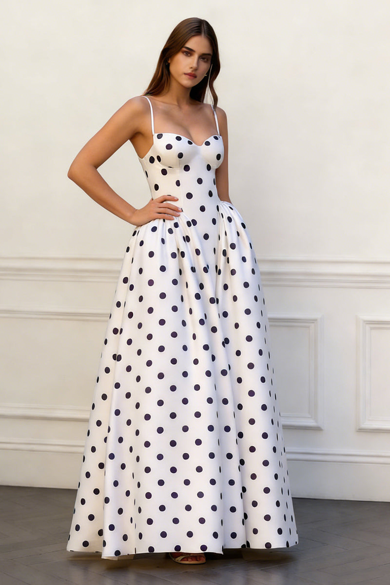 Load image into Gallery viewer, A Line Black and White Dots Spaghetti Straps Long Prom Dress