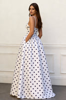 Load image into Gallery viewer, A Line Black and White Dots Spaghetti Straps Long Prom Dress