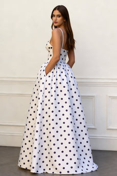 A Line Black and White Dots Spaghetti Straps Long Prom Dress