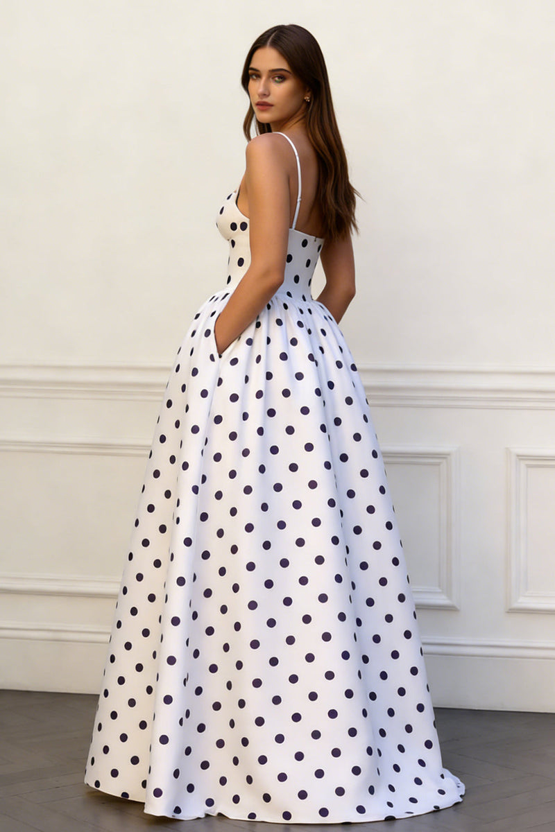 Load image into Gallery viewer, A Line Black and White Dots Spaghetti Straps Long Prom Dress