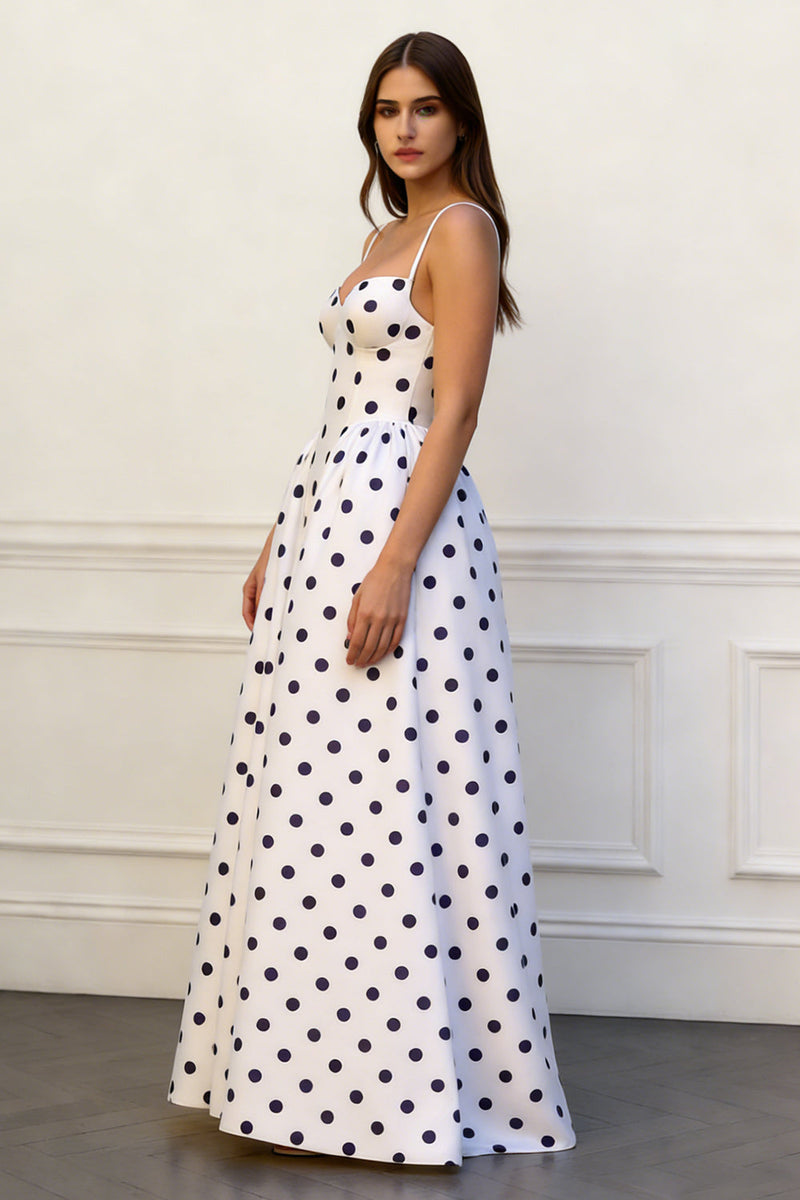 Load image into Gallery viewer, A Line Black and White Dots Spaghetti Straps Long Prom Dress