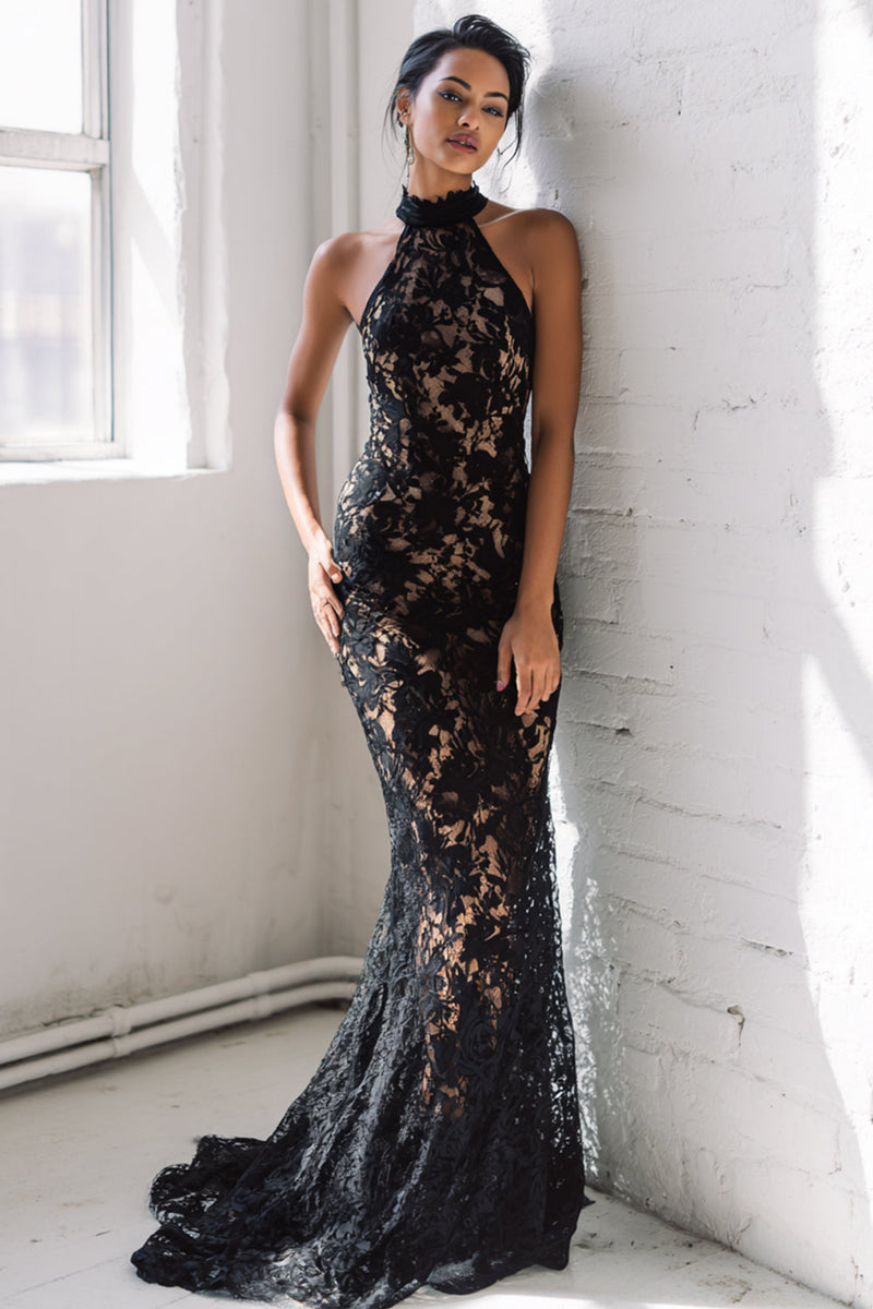 Load image into Gallery viewer, Mermaid Black Halter Long Lace Prom Dress