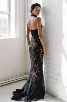 Load image into Gallery viewer, Mermaid Black Halter Long Lace Prom Dress