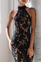 Load image into Gallery viewer, Mermaid Black Halter Long Lace Prom Dress