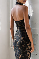 Load image into Gallery viewer, Mermaid Black Halter Long Lace Prom Dress
