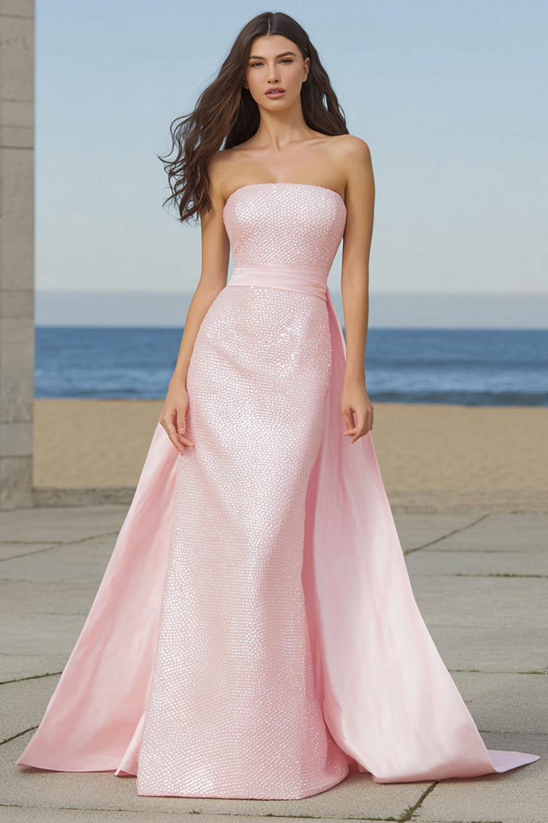 Load image into Gallery viewer, Sparkly Light Pink Strapless Long Sequin Prom Dress with Cape