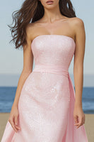 Load image into Gallery viewer, Sparkly Light Pink Strapless Long Sequin Prom Dress with Cape