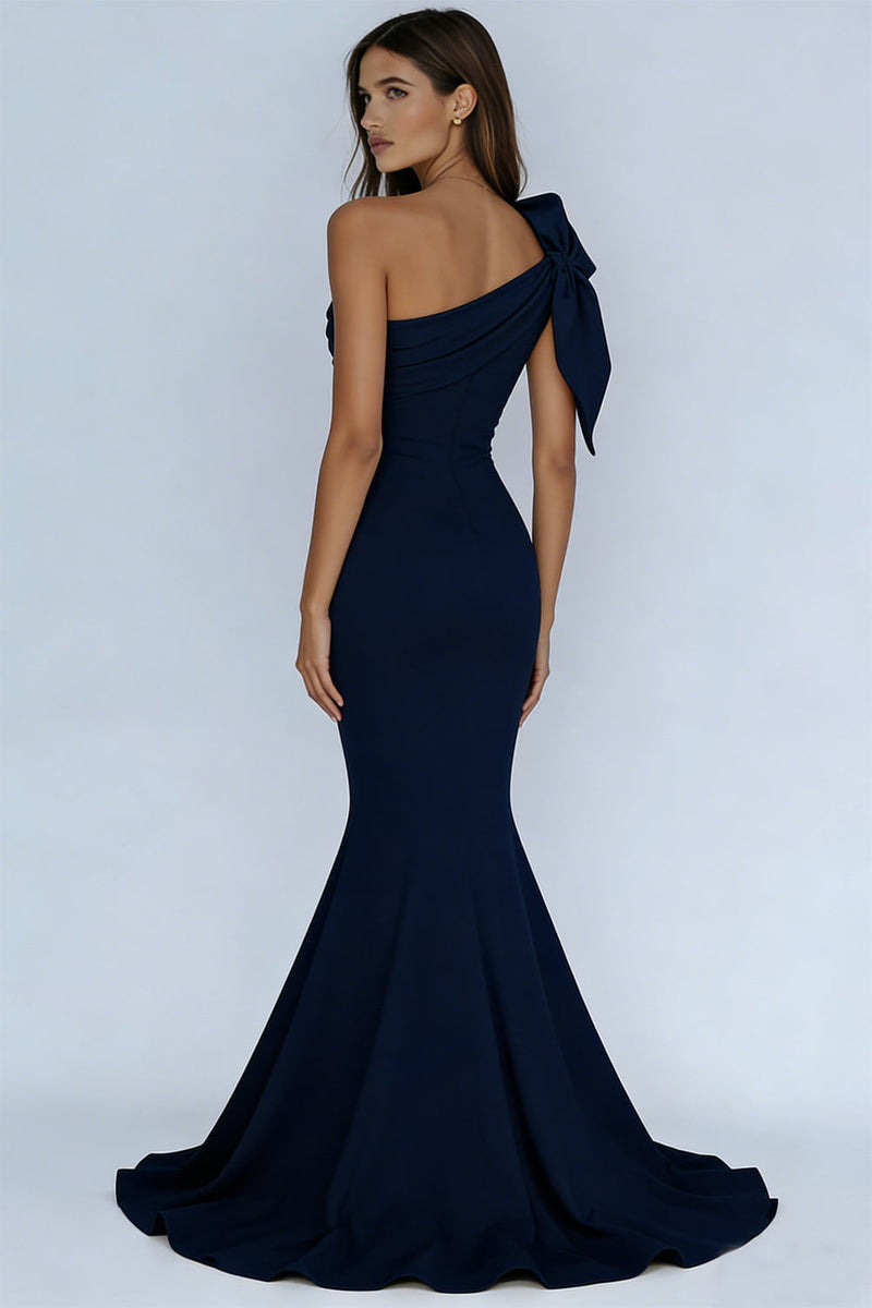 Load image into Gallery viewer, Mermaid Navy One Shoulder Long Prom Dress