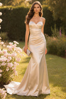 Load image into Gallery viewer, Champagne Mermaid Sweetheart Long Satin Prom Dress