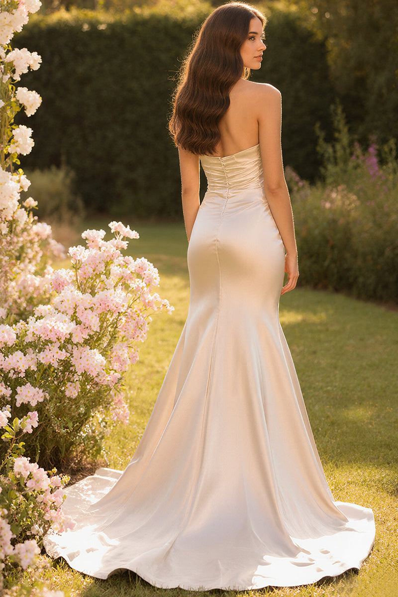 Load image into Gallery viewer, Champagne Mermaid Sweetheart Long Satin Prom Dress