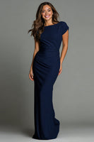 Load image into Gallery viewer, Mermaid Navy Boat Neck Long Formal Dress with Sleeves
