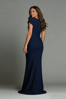 Mermaid Navy Boat Neck Long Formal Dress with Sleeves