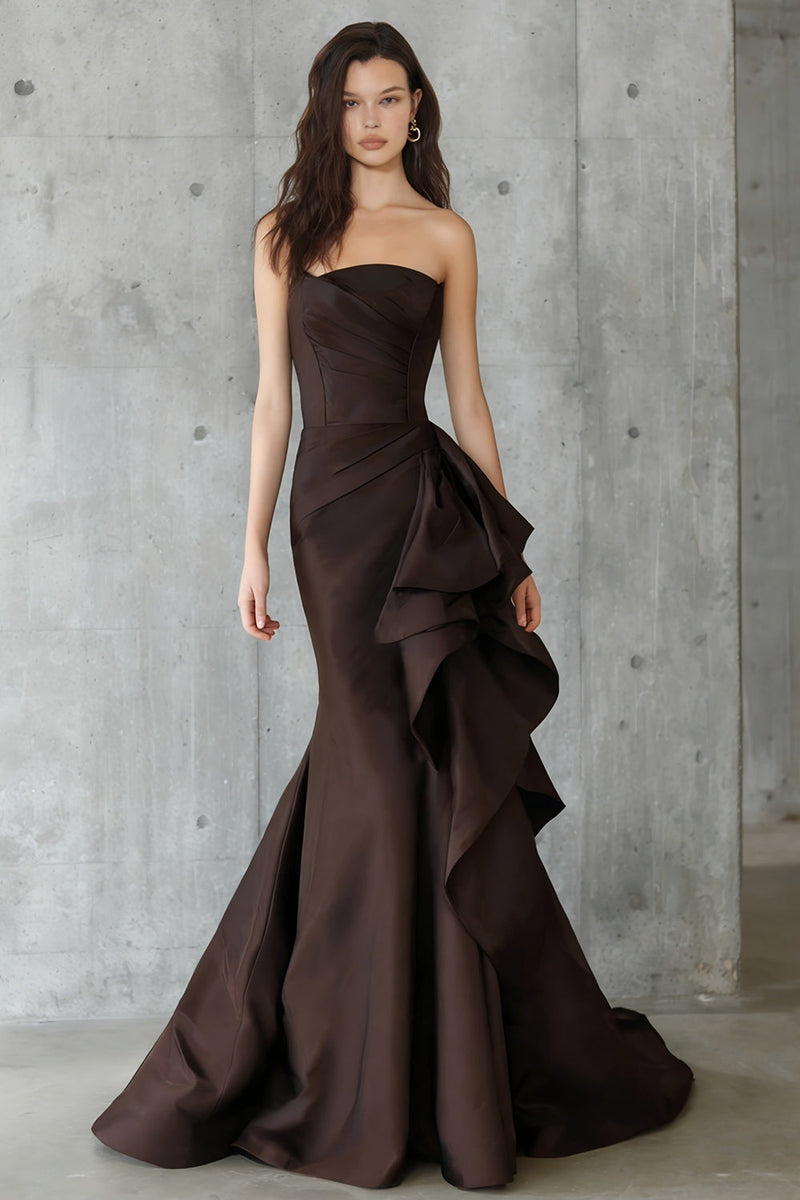 Load image into Gallery viewer, Coffee Strapless Mermaid Ruffled Long Formal Dress