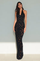 Load image into Gallery viewer, Black Lace Halter Neck Mermaid Backless Long Formal Dress