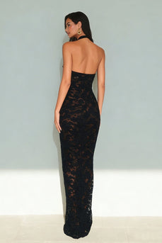Black Lace Halter Neck Mermaid Backless Long Formal Dress