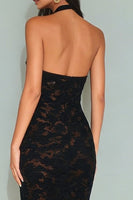 Load image into Gallery viewer, Black Lace Halter Neck Mermaid Backless Long Formal Dress