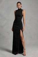 Load image into Gallery viewer, Black High Neck Sheath Backless Long Formal Dress with Slit