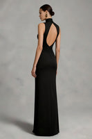 Load image into Gallery viewer, Black High Neck Sheath Backless Long Formal Dress with Slit