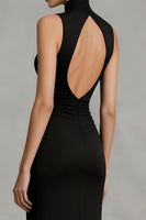Load image into Gallery viewer, Black High Neck Sheath Backless Long Formal Dress with Slit