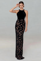 Load image into Gallery viewer, Black Mermaid Lace Halter Neck Long Formal Dress