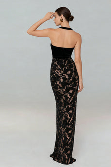 Black Mermaid Lace Halter Neck Long Formal Dress