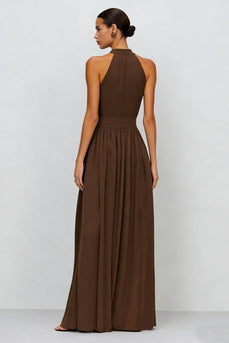 Brown High Neck A Line Pleated Long Formal Dress with Slit