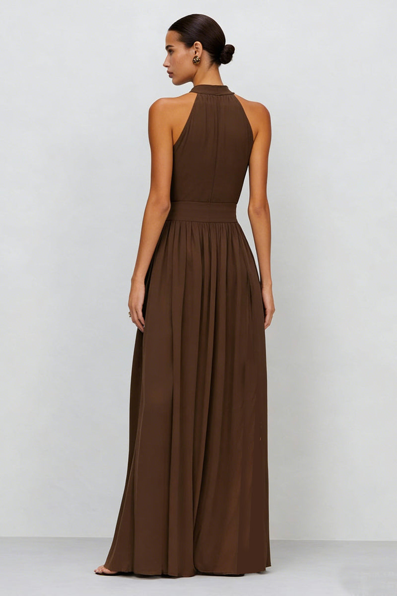 Load image into Gallery viewer, Brown High Neck A Line Pleated Long Formal Dress with Slit