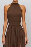 Load image into Gallery viewer, Brown High Neck A Line Pleated Long Formal Dress with Slit