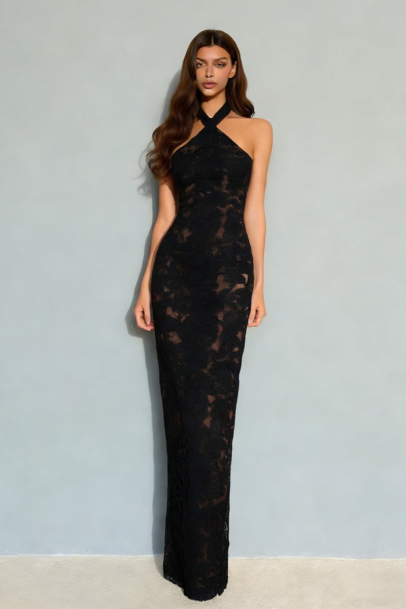 Load image into Gallery viewer, Black Halter Neck Mermaid Lace Backless Long Formal Dress