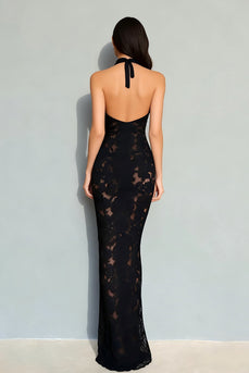 Black Halter Neck Mermaid Lace Backless Long Formal Dress