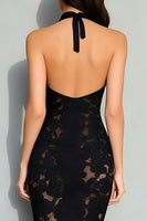 Load image into Gallery viewer, Black Halter Neck Mermaid Lace Backless Long Formal Dress