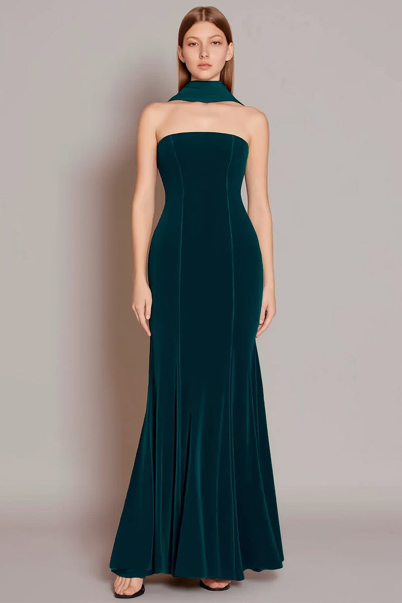 Load image into Gallery viewer, Dark Green Strapless Velvet Neck Scarf Mermaid Long Formal Dress