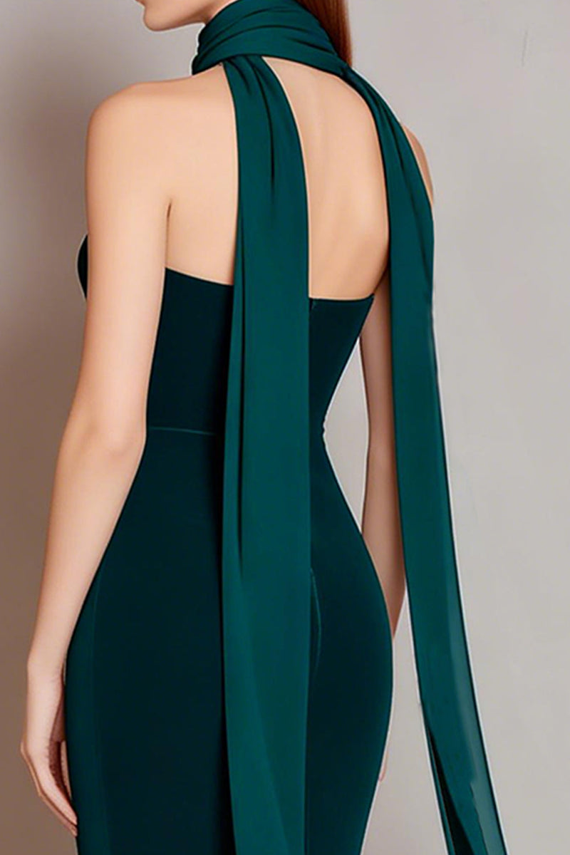 Load image into Gallery viewer, Dark Green Strapless Velvet Neck Scarf Mermaid Long Formal Dress