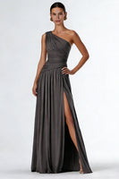 Load image into Gallery viewer, One Shoulder Dark Grey A Line Long Formal Dress with Slit