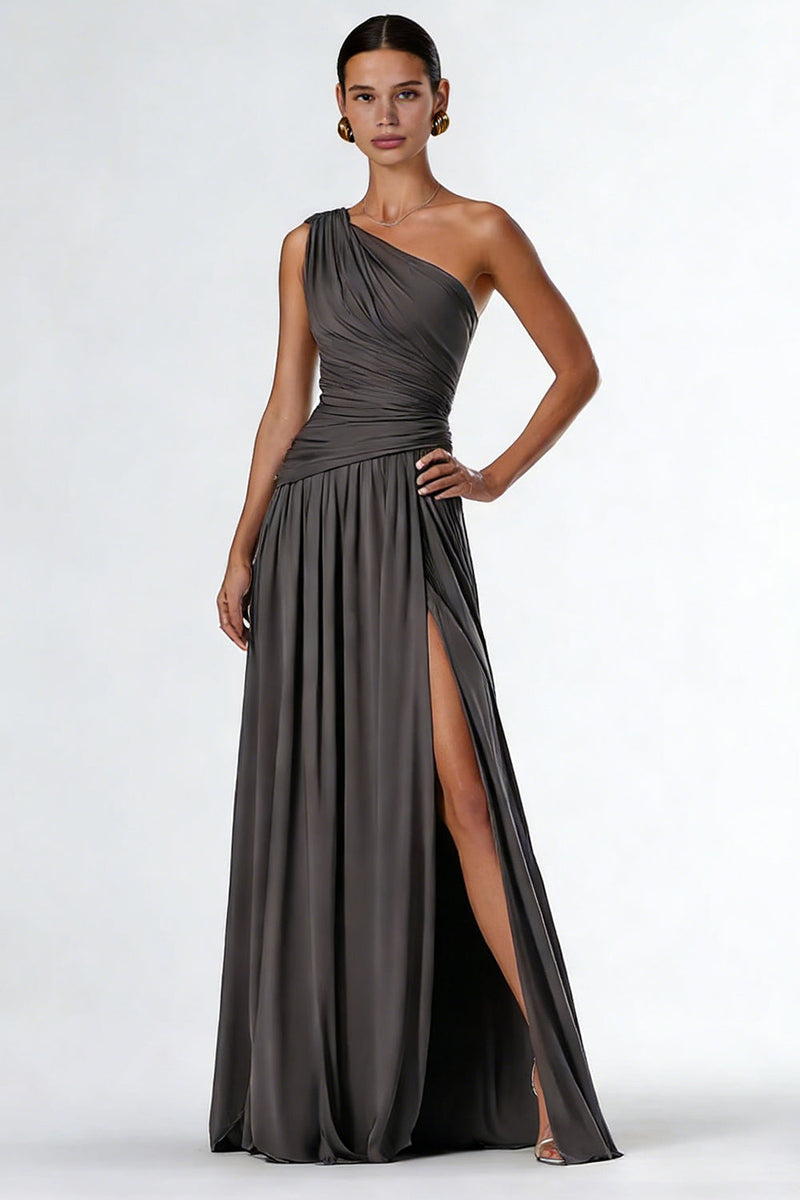 Load image into Gallery viewer, One Shoulder Dark Grey A Line Long Formal Dress with Slit