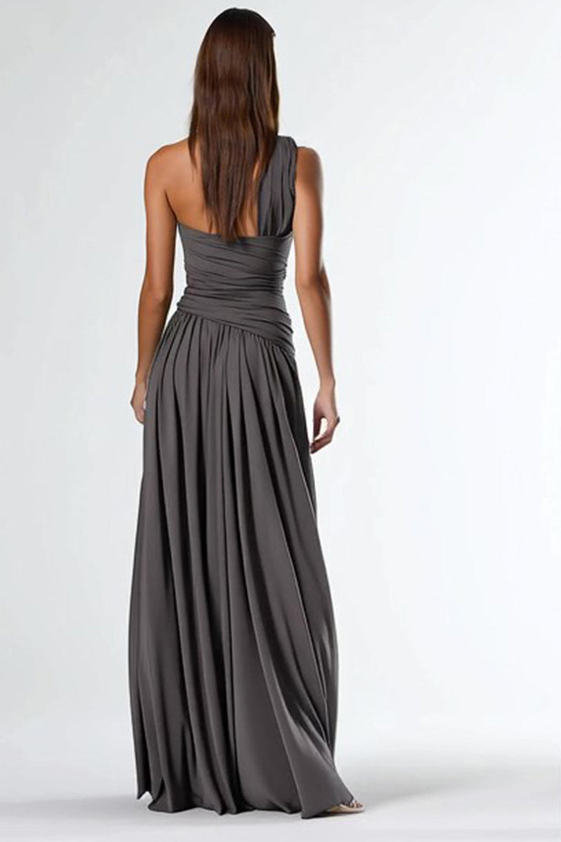 Load image into Gallery viewer, One Shoulder Dark Grey A Line Long Formal Dress with Slit