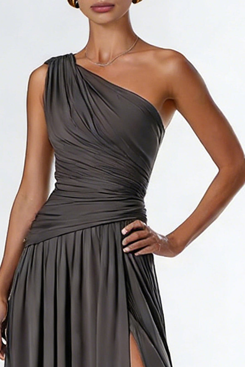 Load image into Gallery viewer, One Shoulder Dark Grey A Line Long Formal Dress with Slit