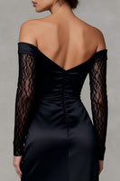 Load image into Gallery viewer, Black Sheath Off the Shoulder Long Formal Dress with Lace