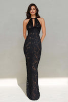 Load image into Gallery viewer, Black Lace Mermaid Halter Neck Long Formal Dress with Keyhole